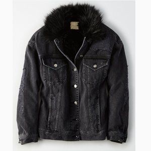 American Eagle AE Women's Faux Fur Lined Destroyed Denim Boyfriend Jean Jacket